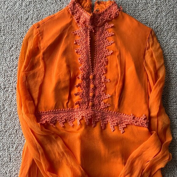 Vintage 1970s Orange Boho Prairie Dress Lace Keyhole Neck – Size S - Picture 3 of 16